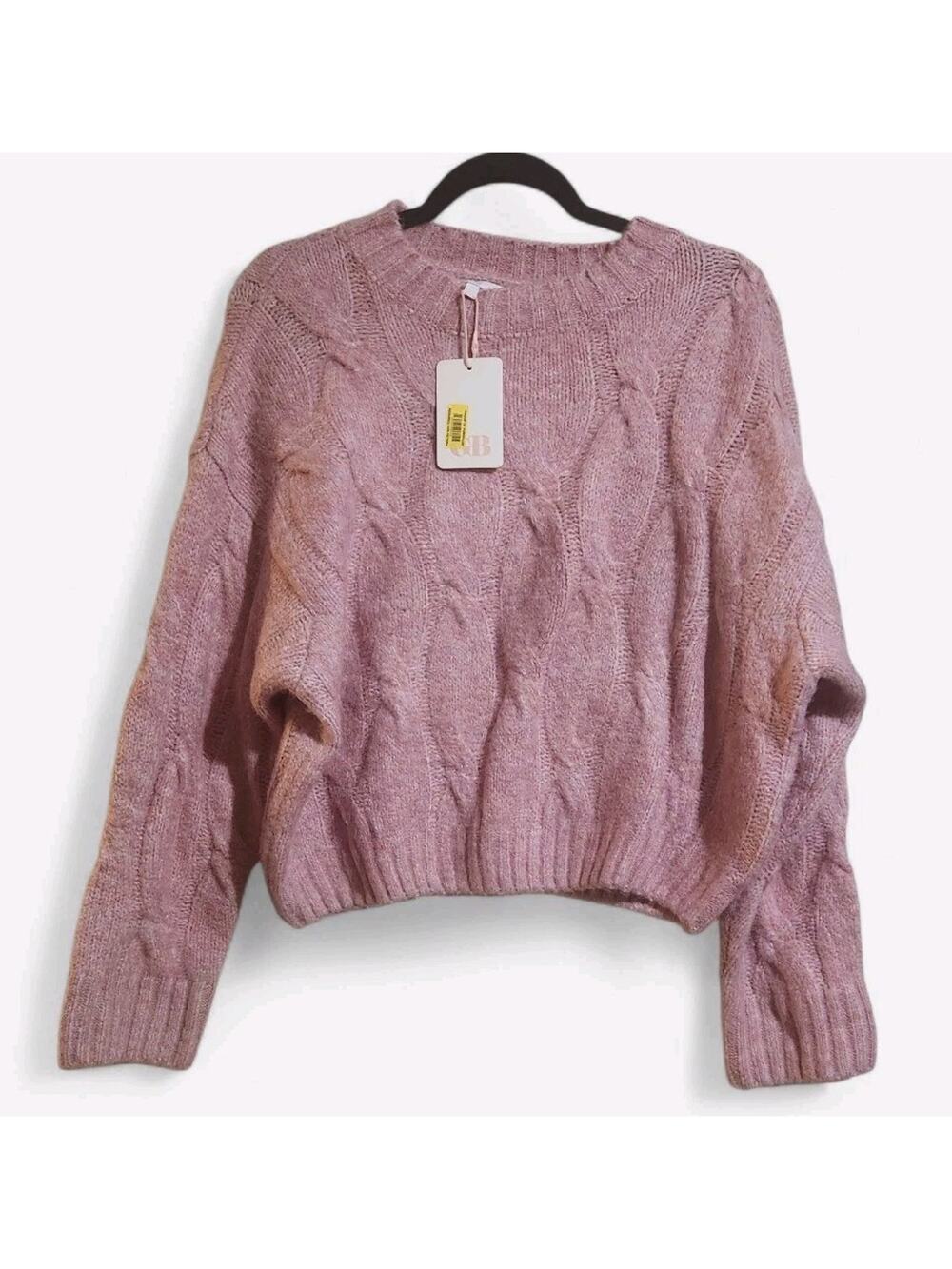 GB Sweater Women's S Pink Crop Pullover Cable Knit Top FLUFFY SOFT SLOUCHY Cozy